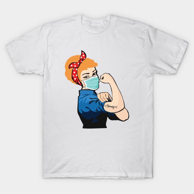 Pin Up Girl Blonde Hair Wearing Mask with Strong Tattoo T-Shirt by deelirius8